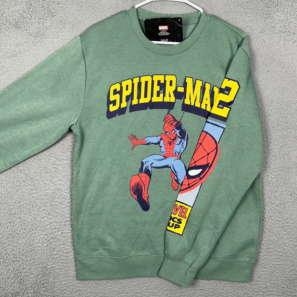 NEW Marvel Spider-Man Sweatshirt Mens Medium Green Graphic Sleeve Print Pullover